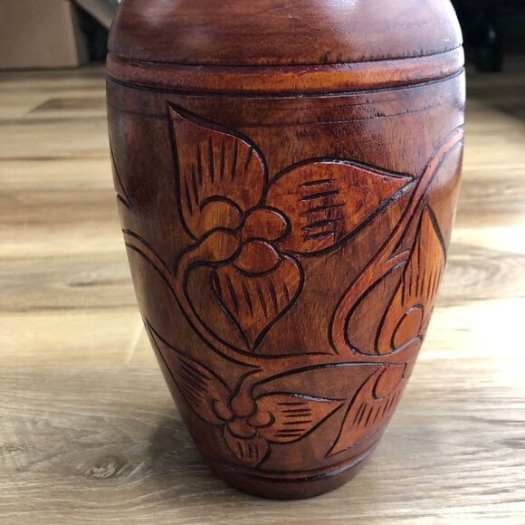 Vintage Hand Carved Wooden Vase With Lid Urn Floral Pedestal Jar 13in - Picture 2 of 9